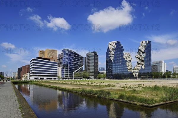 Skyline with office buildings NautaDutilh, Symphony, towers, Symphony torens, ABN AMRO Bank, The Valley, Zuidas financial district, Amsterdam, North Holland, Netherlands