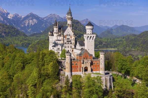 Neuschwanstein Castle, surrounded by densely wooded hills and magnificent mountains, Schwangau, Ostallgäu, Allgäu, Swabia, Upper Bavaria, Bavaria, Germany, Europe