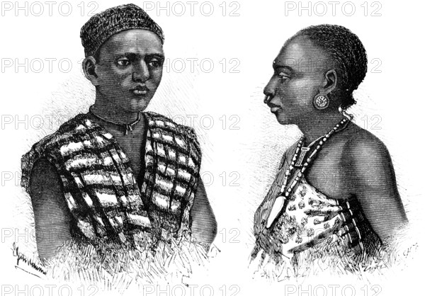 Two natives from the Mombasa area, necklace, earring, nose ring, cap, clothing, Kenya, portrait, colonial period, historical illustration 1886, Africa