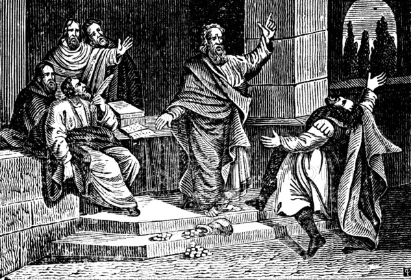Hananias and Sapphira are punished with death, the rich Hananias falls to the ground and dies, money, purse, coins, theft, New Testament, Acts of Luke, woodcut, historical illustration, Christoph Schmid's Biblical History 1831