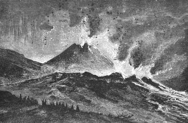 Eruption of hot lava and rock from the active Vesuvius volcano, near Naples and Pompei, geological history, geography, Italy historical illustration 1888