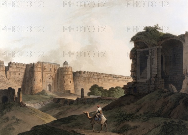 The western entrance to Shere Shah's Fort, It lies outside the walls of Shah Jehanabad, or modern Delhi, which is the third city of that name, the oldest occupying a hill about twelve miles south-west of the present city, the second, as well as the last, being on the south-western banks of the river Jumma, c. 1880, digitally enhanced reproduction of a 19th century original