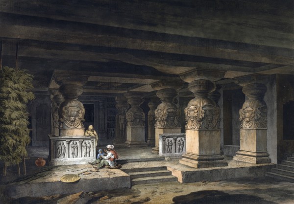 Paraswa Rama Sabha. Inside the cave, India, ca 1880, digitally enhanced reproduction of a 19th century model, Asia