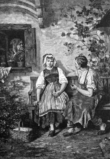 Eavesdropped love, young couple flirting on a bench in front of the house, the father listens from the window, Germany, 1887, Historical, digital reproduction of an original from the 19th century, Europe