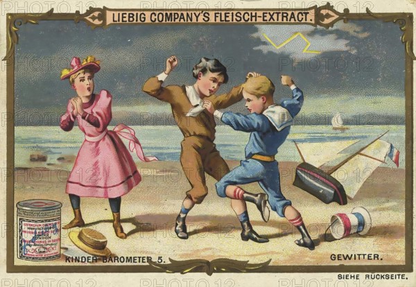 Picture series Children's barometer, 5, thunderstorm, children fighting, Liebig picture, digitally restored reproduction of a collector's picture from around 1900, public domain, exact date unknown, children playing on the beach near a sailing boat while a thunderstorm is approaching