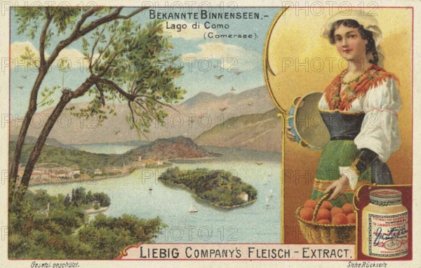 Picture series Famous inland lake with locals, Lake Como, Lago di Como in Italy, Liebig picture, digitally restored reproduction of a collector's picture from around 1900, public domain, exact date unknown, A woman in traditional traditional costume stands next to an idyllic lake landscape with hills in the background. She is holding a basket full of fruit