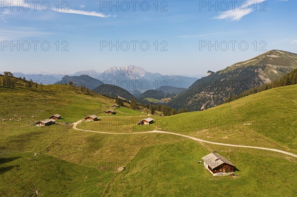 Drone shot, alpine hut on the Alpbichlalm with Trattberg, Osterhorn group, Salzkammergut, Salzburg province, Austria, Europe