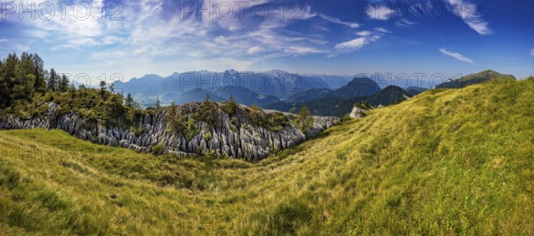 At the summit of Alpbichl with a view of the Lammertal and Tennengebirge mountains, Osterhorn group, Salzkammergut, Salzburg province, Austria, Europe
