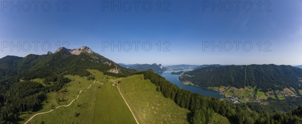 Drone shot, Eisenaualm with Schafberg and Mondsee, Osterhorn group, Salzkammergut, Salzburg province, Austria, Europe