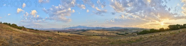 Typical Tuscan landscape in Val d'Orcia with hills, trees, fields, cypresses and farm road in autumn, sunset, gladiator film location, San Quirico d'Orcia, Val d'Orcia, Orcia Valley, UNESCO World Heritage Site, Siena Province, Tuscany, Italy, Europe