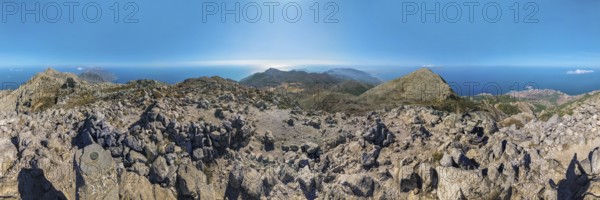 360° summit view from Kali Limni of mountains and the ocean under a blue sky, hike to the summit of Kali Limni, Kali Limni, Lastos, Karpathos, Greece, Europe