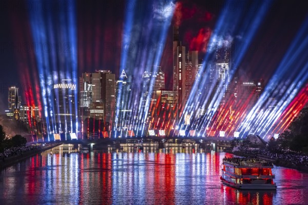 A spectacular light show at the Flößerbrücke in Frankfurt am Main puts spectators in the mood for the start of the 2024 European Football Championship, which will take place from 14 June to 14 July 2024, Frankfurt am Main, Hesse, Germany, Europe