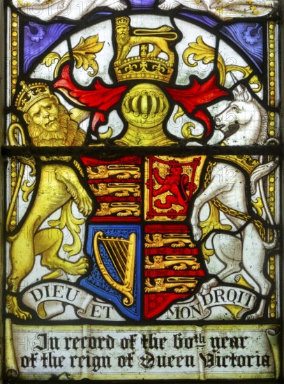 Stained glass window commemorating 60th year of reign of Queen Victoria, Boulge church, Suffolk, England, UK - Clayton and Bell 1897 - Dieu et Mon Droit