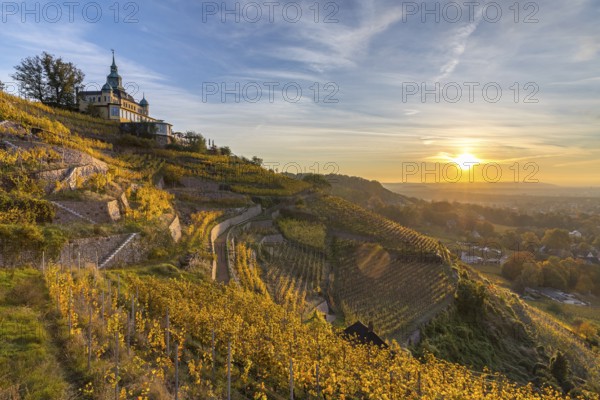Restaurant Spitzhaus in the autumnal vineyards of Oberlößnitz at sunrise, Radebeul, Saxony, Germany, Europe