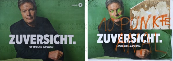 Comparison of two large posters for the 2025 federal election by the Greens with Robert Habeck, denigration, Witten, Germany, Europe