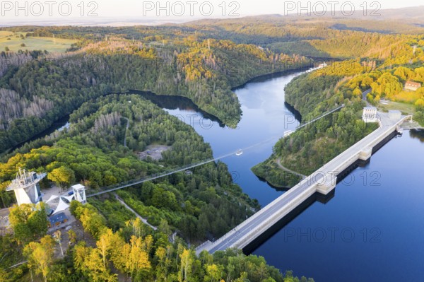 Aerial view of the Rappbode dam, dam wall and suspension bridge by Harzdrenalin, Oberharz am Brocken, Harz, Saxony-Anhalt, Germany, Europe