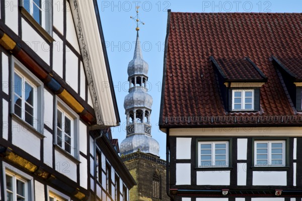 Half-timbered houses and St Peter's Church in the old town of Soest, North Rhine-Westphalia, Germany, Europe