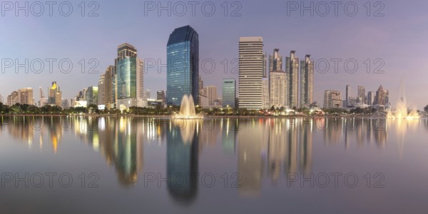 Benjakitti Park, eastern water zone with water fountain, a municipal park in the Khlong Toei district, Bangkok, Thailand, Asia