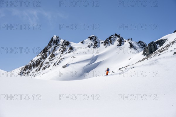 Ski tourer on the descent, minimalist winter landscape, white snow and dark mountains on the Scalettahorn, Graubünden, Switzerland, Europe