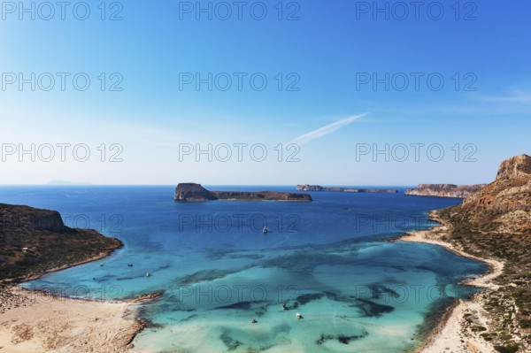 Drone shot, beach and bay of Balos, Gramvousa peninsula, Kolimbari, West Crete, Crete, Greece, Europe