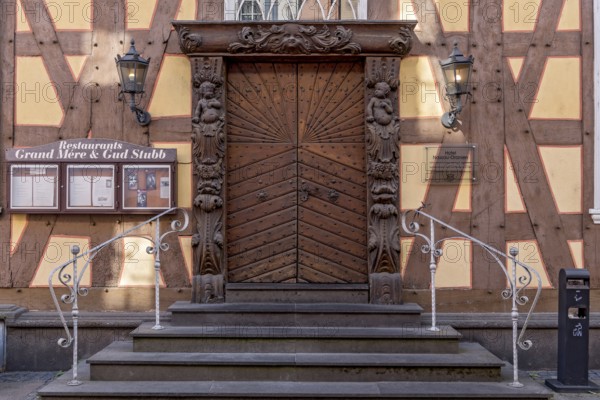 Hotel Nassau Oranien, historic half-timbered house, baroque, façade, portal with carvings by Johann Neudecker, wood, decor, Nassauer Hof, starred restaurant Grand Mére & Gud Stubb, Borngasse, old town, Hadamar, Limburg-Weilburg, Westerwald, Hesse, Germany, Europe