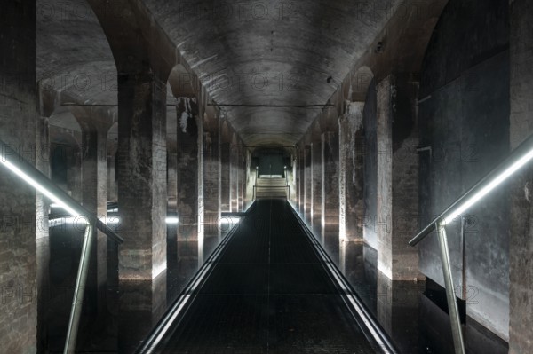 Illuminated underground water reservoir with brick vault, today Museum Cistern, Cisterns in Søndermarken, Frederiksberg Park, Copenhagen, Denmark, Europe