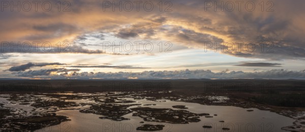 Sunset, drone shot, aerial view, lakes, moor landscape, Lapland, Finland, Europe