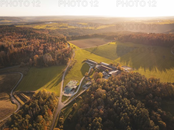 Autumn landscape with fields and forests in warm sunset light, Gechingen, Black Forest, Germany, Europe