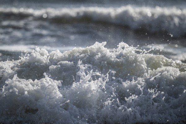 Splashing water against the light, surf, waves, Søndervig beach, North Sea, Denmark, Europe