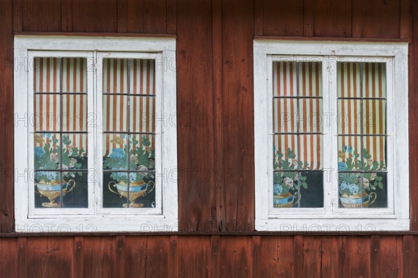 Old wooden window on a farmhouse, decoration, window, historic, old, old, muntin window, decorated, lovely, old-fashioned, rural, historical, country life, facade, curtains, dilapidated, weathered, tradition, traditional, Swedish, Scandinavian, farm, farmhouse, Scandinavia, Sweden, Europe