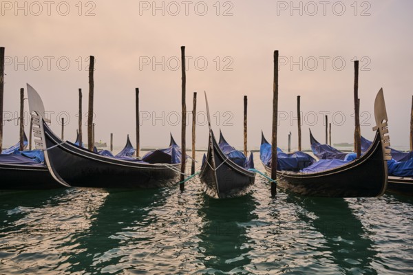 View from 'Colonna di San Marco e San Teodoro' on the gondolas lying in the water before sunrise in Venice on a foggy morning in winter, Italy, Europe