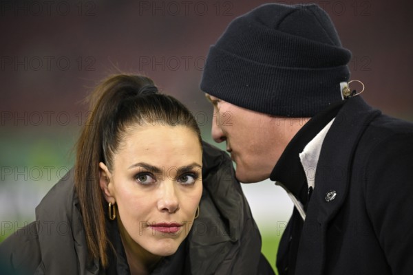 ARD TV pundit Bastian Schweinsteiger, cap, portrait in conversation with presenter Esther Sedlaczek DFB Cup, MHPArena, MHP Arena Stuttgart, Baden-Württemberg, Germany, Europe