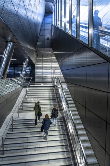 Modern underground station of the Wehrhahn line, Benrather Straße, 6 new stations, opened in 2016, of the 3.4 km long underground line in the city centre of Düsseldorf, North Rhine-Westphalia, Germany, Europe