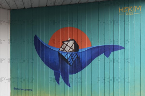 House sinks into an ocean wave in the shape of a whale, symbolic mural on the subject of climate change by street artist Kerim Musanovic, Seidenweberhaus, Krefeld, North Rhine-Westphalia, Germany, Europe