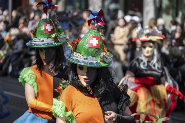 Participants dressed up as jesters from the guest canton of Schwyz, jesters' symposium of the Märchler carnival societies, parade of historically costumed guildsmen, Sechseläuten or Sächsilüüte, Zurich Spring Festival, Zurich, Switzerland, Europe