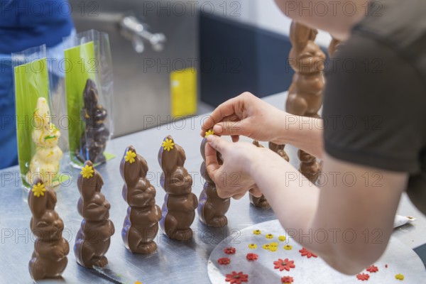 Person decorating several chocolate bunnies with flowers on a work table, Easter baking and chocolate moulding at Haselstaller Hof, Gechingen, Black Forest, Germany, Europe