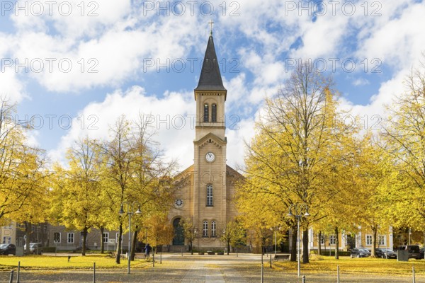 Church of the Brethren on the autumnal Zinzendorfplatz in Niesky, Saxony, Germany, Europe