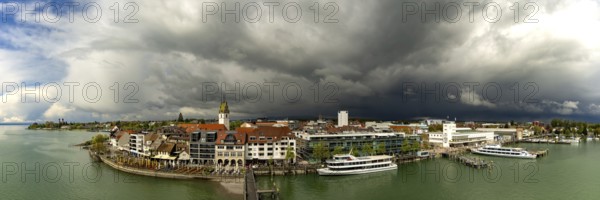 Panorama from the Moleturm tower onto the lakeside promenade of Friedrichshafen on Lake Constance as a thunderstorm approaches, Upper Swabia, Baden-Württemberg, Germany, Europe