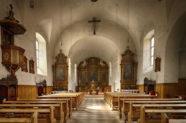 Interior view of the choir, altar, Capuchin Church of St Maximilian, Capuchin Monastery, Merano, Meran, South Tyrol, Autonomous Province of Bolzano, Italy, Europe