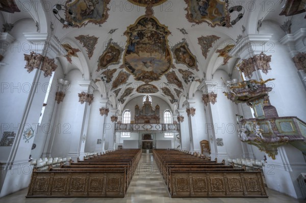 Interior with organ loft in Heilig Kreuz Minster, built around 1400, Rottweil, Baden-Württemberg, Germany, Europe