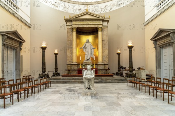 Christ statue and baptismal font by Bertel Thorvaldsen in the Church of Our Lady in front of Frue Kirke or Copenhagen Cathedral, Copenhagen, Denmark, Europe