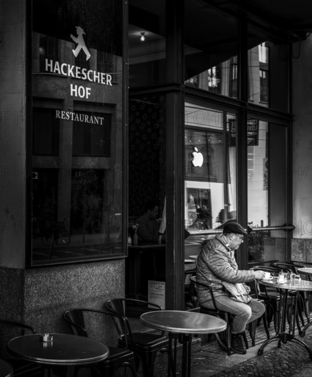 Black and white photography, outdoor catering at Hackesche Höfe, Berlin Mitte, Germany, Europe
