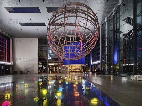 Entrance hall with lattice globe in the evening, Autostadt, Volkswagen AG, Wolfsburg, Lower Saxony, Germany, Europe