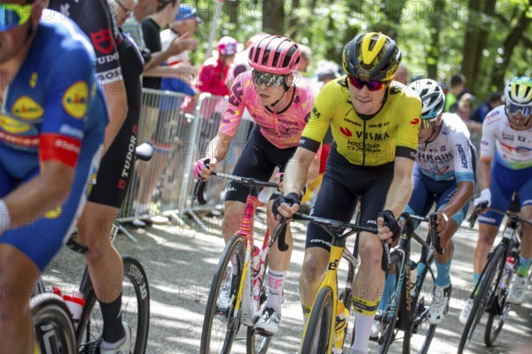 Lidl Deutschland Tour 2024 (cycling), 4th stage and last stage From Annweiler am Trifels to Saarbrücken (182, 7 KM) . Image: Arrival at the Kalmit, the highest mountain in the Palatinate Forest
