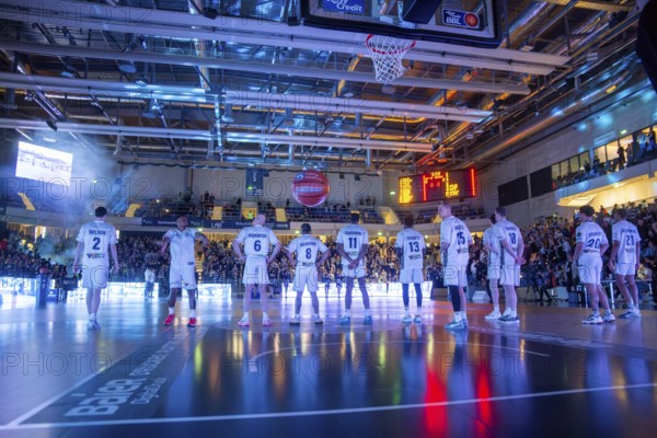 16.03.2024, SNP-Dome Heidelberg: The Rostock Seawolves team ahead of their visit to Academics Heidelberg on matchday 24 of the 2023/24 season