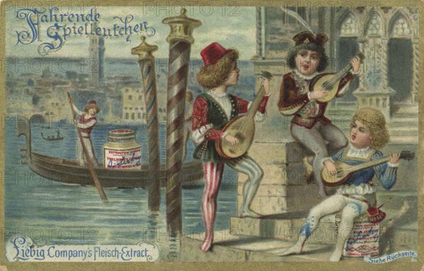 Picture series Children as travelling minstrels, Liebig picture, digitally restored reproduction of a collector's picture from around 1900, public domain, exact date unknown, musicians playing instruments in Venice, with gondola and Venetian architecture in the background