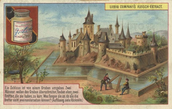 Picture series puzzle, Building a bridge over the castle moat, Liebig picture, digitally restored reproduction of a collector's picture from around 1900, public domain, exact date unknown, Two men try to build a bridge over the moat, castle in the background