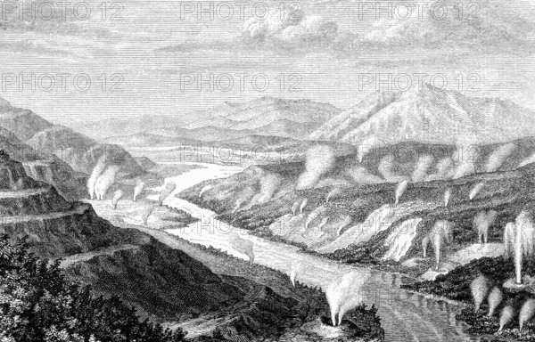Hot springs in the thermal area on New Zealand, geology of plate tectonics, geothermal activities, mountains, river, Pacific Ocean, historical illustration 1882