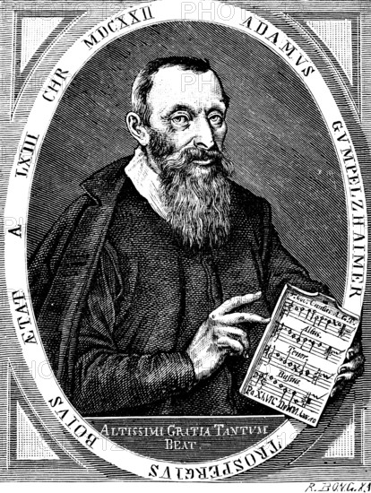 Composer and music theorist Adam Gumpelzhaimer (1559-1625) in 16222, composes polyphonic secular and sacred songs, court musician to Emperor Rudolf II in Vienna, holding a sheet of music, long beard, benevolent look, portrait of a man, historical illustration 1892