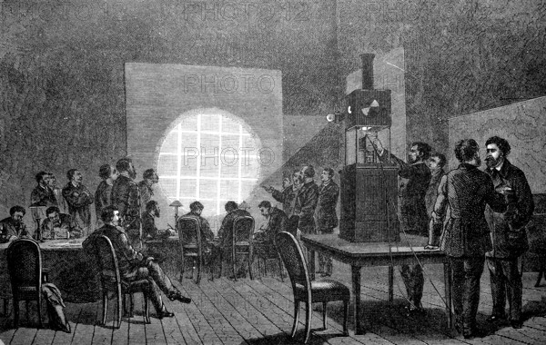 Reproduction of telegraphic dispatches by the magic lantern during the siege of Paris, historical, digital reproduction of an original from the 19th century